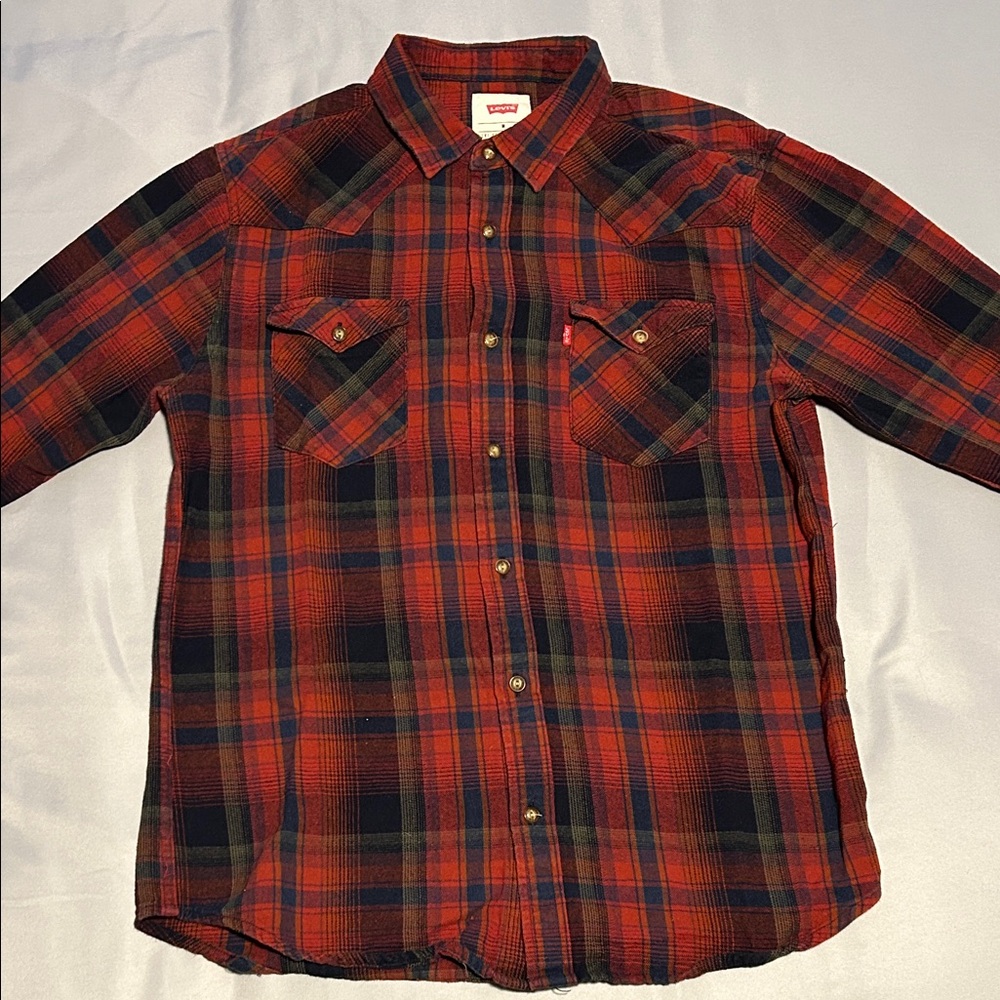 Levi's Red and Black Plaid Button Down Shirt Medium